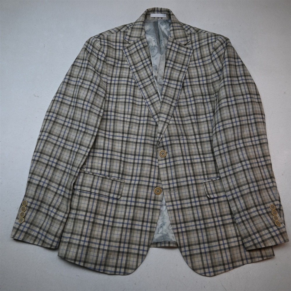 NEW Tallia 40R Beige 100% Linen Plaid Soft Shoulder Blazer Jacket Sport Coat